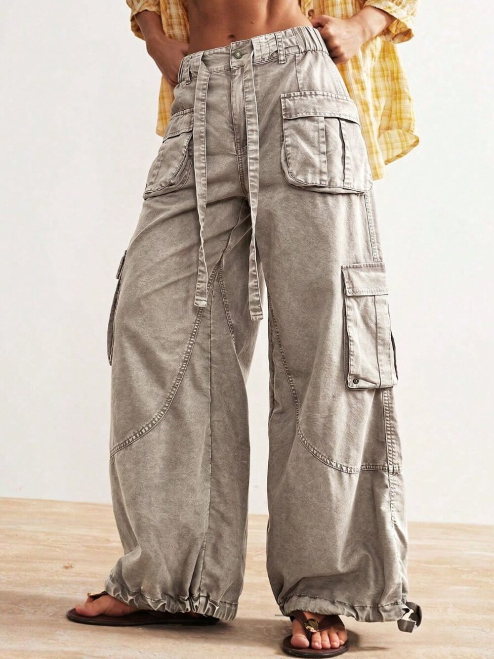 Apricot Casual Women's Woven Loose Cuffed Low Waist Loose Long Pants - Picture 7 of 10